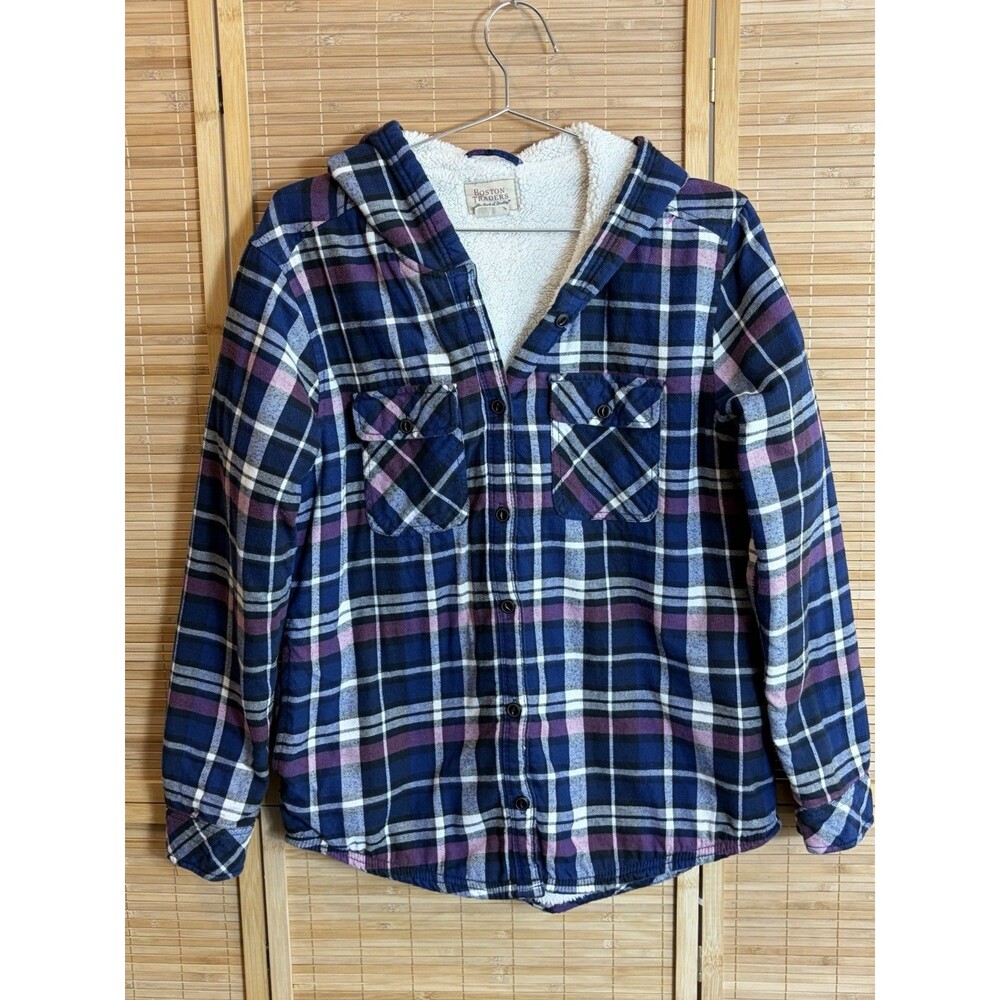 Boston Traders Women’s Plaid Hooded Sherpa-Lined Button-Front Jacket M Blue